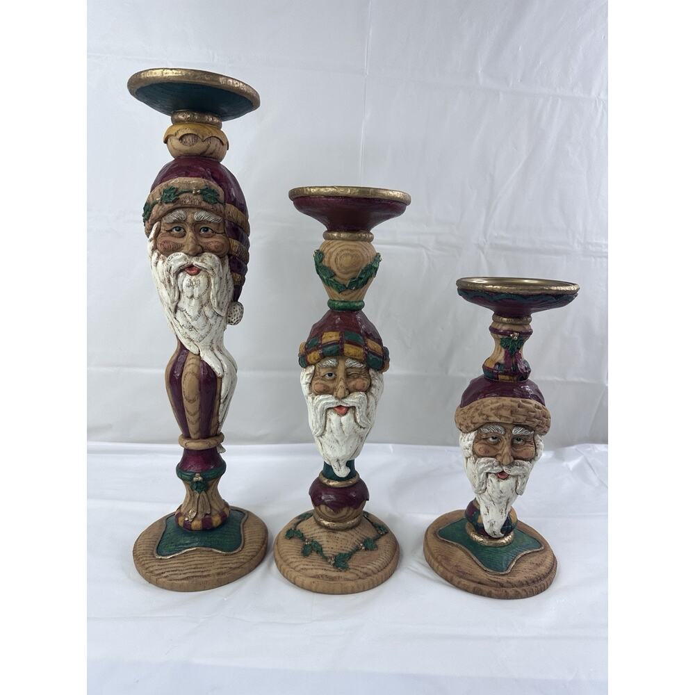 Christmas Primitive Folk Art Woodland Santa Candlesticks Farmhouse Set Of 3